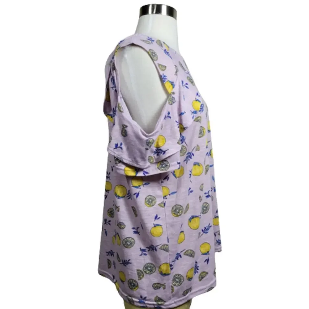 Juicy Couture Women's Lemon Print Purple Combo Ruffle Cold-Shoulder Top Size XL - Picture 4 of 8